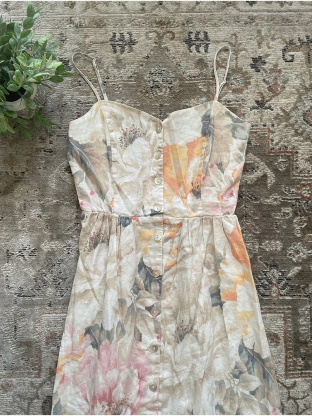 H&M Cream Floral Smocked Bust Midi Dress with Pink and Orange Accents - Picture 3 of 10